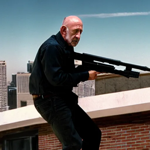 Image similar to Film still of Mike Ehrmantraut aiming with a sniper rifle on a rooftop, 4k, highly detailed