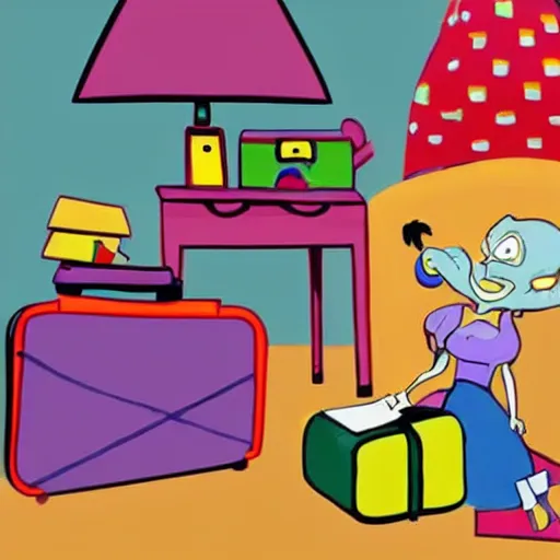 Image similar to a painted cartoonish scene, an open suitcase sits on a table, the open suitcase contains a vast pile of toys, the pile of toys rises all the way to the ceiling, the pile of toys blocks the background, a woman stands next to the table and suitcase, the woman holds more toys
