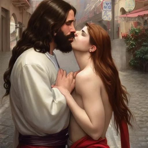 Image similar to jesus kissing a woman in a street, elegant, highly detailed, digital painting, artstation, concept art, matte, sharp focus, highly detailed, 4 k, hdr, smooth, sharp focus, high resolution, award - winning photo, photorealistic, art by artgerm and greg rutkowski and alphonse mucha, large shot