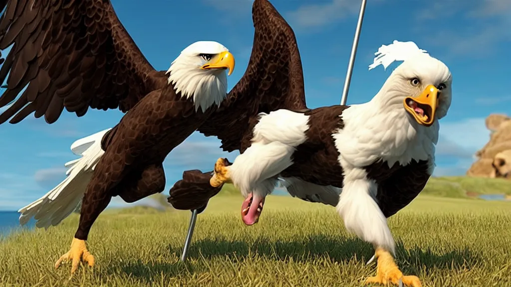 Image similar to a dog a bald eagle and a trident, patriotic, unreal engine