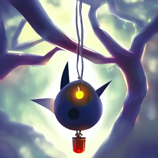 Image similar to a pokemon that looks like bat, bat hanging upside down in a tree, glowing like a light bulb, digital art. trending on art station, unreal engine.