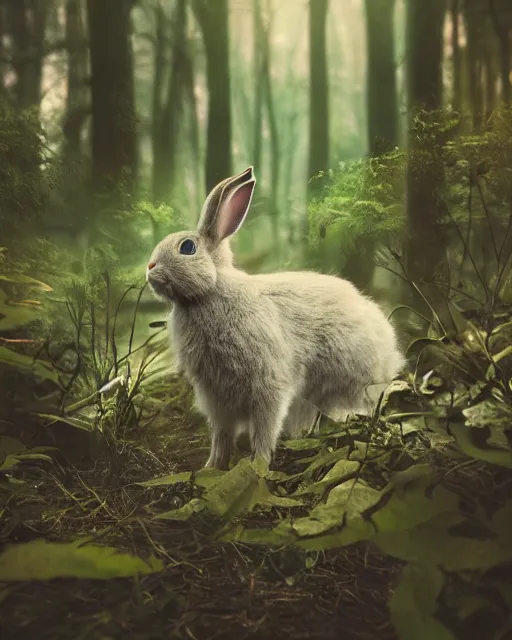 Prompt: photo of a mystic rabbit druid mage. photorealistic, ethereal, magical forest, magic hour, misty, bokeh, highly detailed