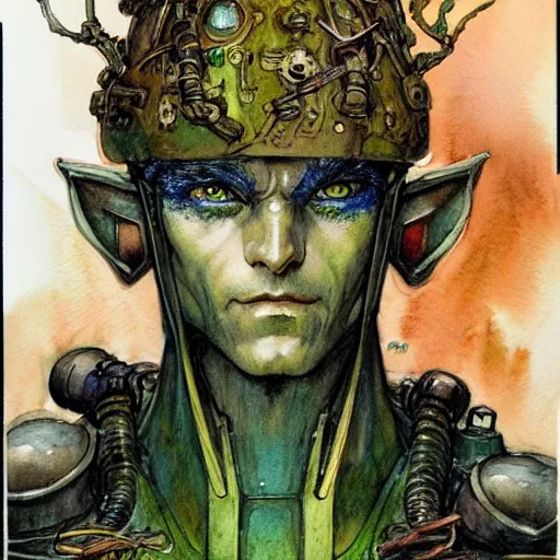 Image similar to a realistic and atmospheric watercolour fantasy character concept art portrait of a mechanized android elf as a druidic warrior wizard looking at the camera with an intelligent gaze by rebecca guay, michael kaluta, charles vess and jean moebius giraud