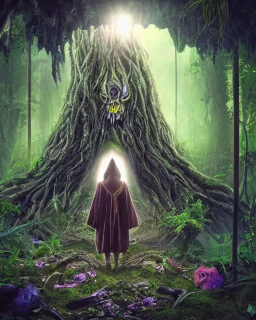 Image similar to a wise wizard walking through a ravenous, horrific portal to hades embedded in a creepy tree in a densely overgrown, magical jungle, fantasy, dreamlike sunraise, stopped in time, dreamlike light incidence, ultra realistic
