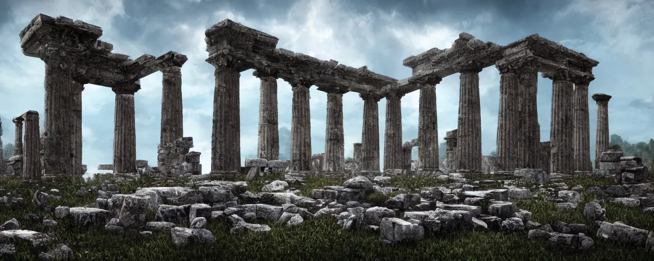 Image similar to !dream an ancient ruined temple of the old Pagan Gods, 8k hyper realistic, Photorealistic, rendered by Octane