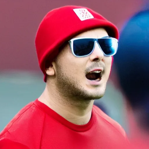 Prompt: a football wearing a red cap and sunglasses