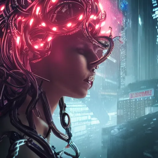 Image similar to Cyberpunk medusa, dark atmosphere, cinematic shot, intricate, ornate, photorealistic, ultra detailed, realistic, 35mm, photography, neon, octane, high definition, depth of field, bokeh, 8k, artstation