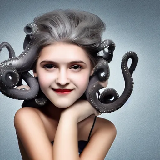 Image similar to A girl with a gray octopus for hair, very young and beautiful face, silver eyes, HD, hyper realistic