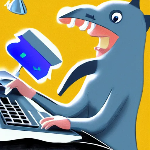 Image similar to An anthropomorphic grey dolphin dressed as a chemist playing games on a computer, digital painting