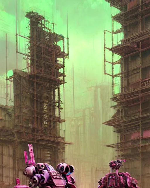 Prompt: hyperrealistic hyperdetailed mecha iridescent pink dystopian city ruins backrgound concept art santiago caruso de chirico sharp very dramatic green light 8k low angle shallow depth of field