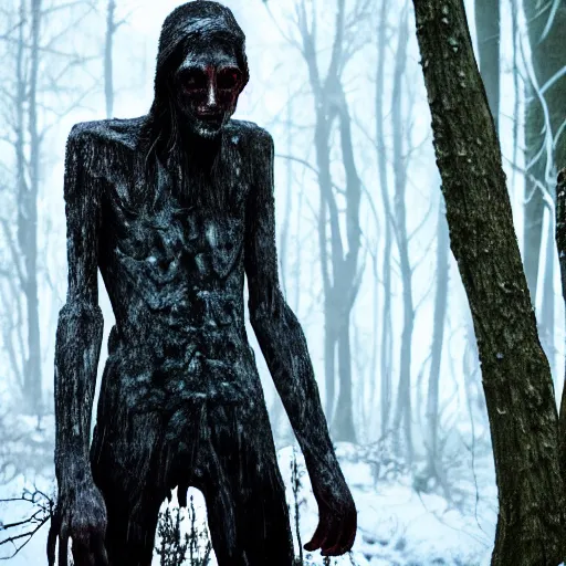 Image similar to blood soaked skinwalker, lanky, skinny, pale skin, snow, forest, dark, horrifying