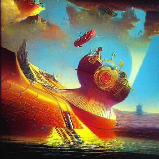 Prompt: the last king of the floating city descending to the sea in his golden flying boat, detailed, by paul lehr