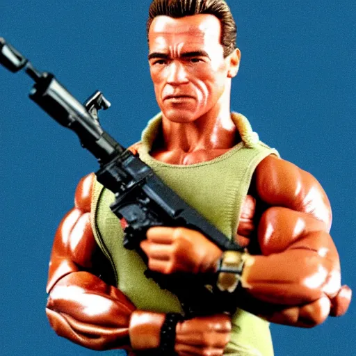 Image similar to a 12 inch action figure of Arnold Schwarzenegger from Commando. Posed. Big muscles. Holding an automatic rifle in his hands. Plastic shiny. Full body feet and head