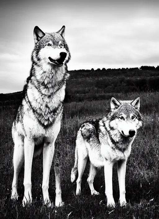 Image similar to two wolves black and white portrait white sky in background