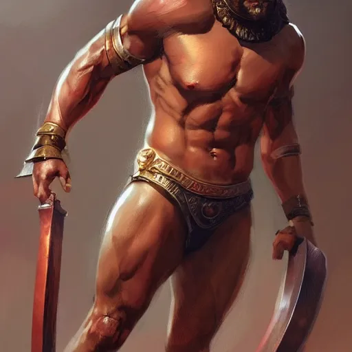 Image similar to male roman gladiator, gorgeous, amazing, muscular, silk, intricate, elegant, thighs, highly detailed, digital painting, artstation, concept art, sharp focus, illustration, by greg rutkowski