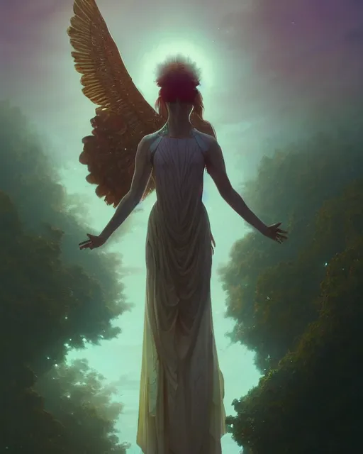 Image similar to highly detailed surreal vfx portrait of a decending seraphim upon the earth, stephen bliss, unreal engine, greg rutkowski, loish, rhads, beeple, makoto shinkai and lois van baarle, ilya kuvshinov, rossdraws, tom bagshaw, alphonse mucha, global illumination, detailed and intricate environment
