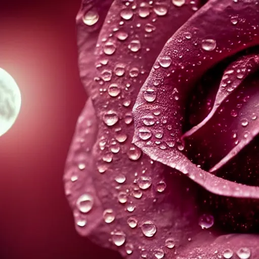 Image similar to close up of a burgundy rose with droplets of water reflecting the moon. hyper-realistic. intricate detail. cinematic and volumetric light.