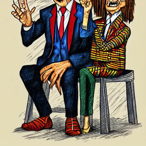 Prompt: The Artwork of R. Crumb and his Cheap Suit Larry King tells you to have more relations, pencil and colored marker artwork, trailer-trash lifestyle