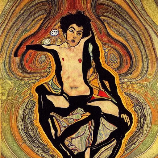 Prompt: transcendential consciousness, contrapposto, egon schiele, gustav klimt, alphonse mucha, retro futurism