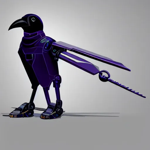 Prompt: self portrait of a robot raven with a beak. purple and black body armor, digital art, realistic, ultradetailed, concept art in the style of Cyberpunk 2077. art by Syd Mead and Moebius, trending on artstation, devianart, cgsociety