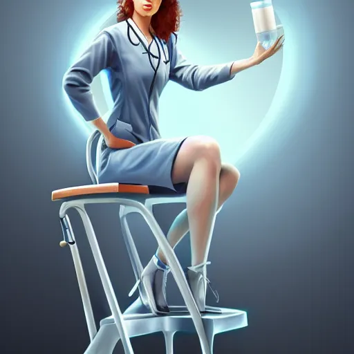 Image similar to portrait of a nurse on a stool, expressive pose, futuristic, highly detailed, digital painting, artstation, concept art, smooth, sharp focus, by Enoch Bolles