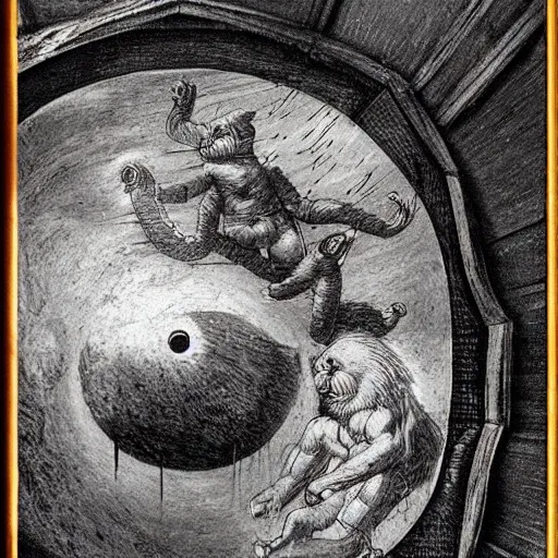 Image similar to photo - realism, space monkey and astronaut opening door that shows space and time created by davinci with extra detail, epic.