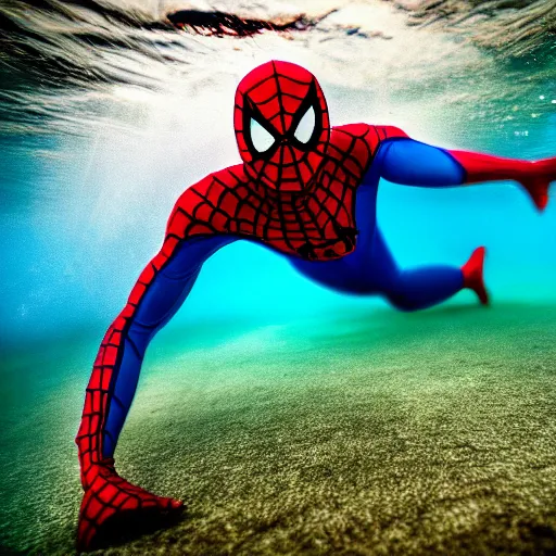 Image similar to underwater shoot photo of Spiderman , high detail , perfect photo