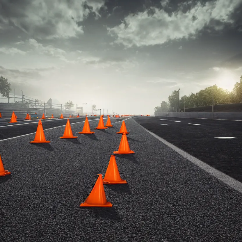 Prompt: endless concrete ground fading into the horizon with traffic cones and barriers placed around, cinematic lighting, volumetric lighting, award winning photography, highly detailed, intricate, sharp focus, 4 k wallpaper, unreal engine, 9 0 mm, f / 1. 4