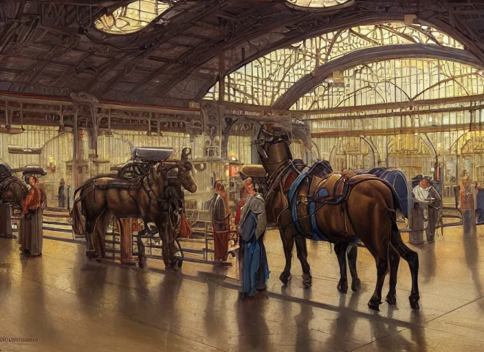 Prompt: portrait of a train station that mechanical horses are used to push the trains, digital painting, artstation, concept art, donato giancola, Joseph Christian Leyendecker, WLOP, Boris Vallejo, wide view, cinematic lighting, dramatic lighting, masterpiece, light brazen, extremely detailed