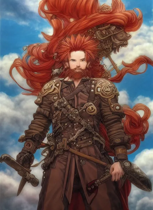 Prompt: prompt : ragnarok online portrait soft light painted by james jean and katsuhiro otomo and erik jones, inspired by akira anime, epic fantasy, a long red haired, red bearded male sky - pirate smirking whilst standing in front of an airship, intricate oil painting, high detail illustration, sharp high detail, manga and anime 1 9 9 9