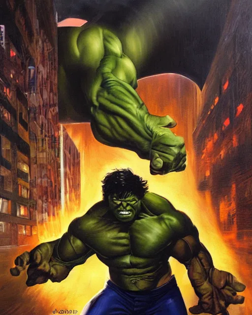 Image similar to a moody oil painting of the incredible hulk looking angry as he bursts through a wall at noon in a city by joe jusko.