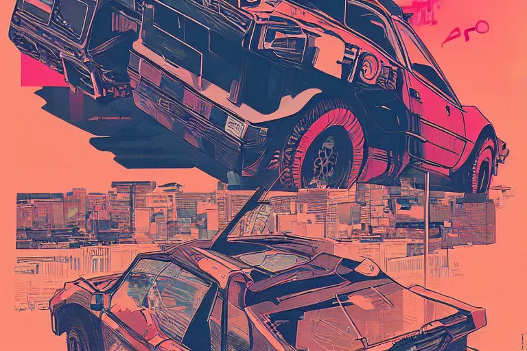 Image similar to Poster Illustration of Geo Metro, neo-Tokyo, Akira Color Palette, Inspired by Akira + MGS2 + FLCL, 8k :4 by Vincent Di Fate + Arc System works + Katsuhiro Otomo 1975 Citroen DM BMW M1 Stratos, city in anime cyberpunk style by Hayao Miyazaki