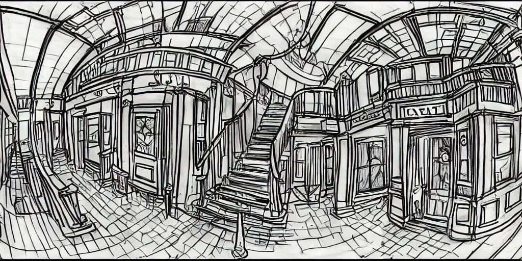 Image similar to dimly lit, theater access corridor, 3 doors, 1 staircase, color draw, day of the tentacle style, fish eye, drawn by Scott C