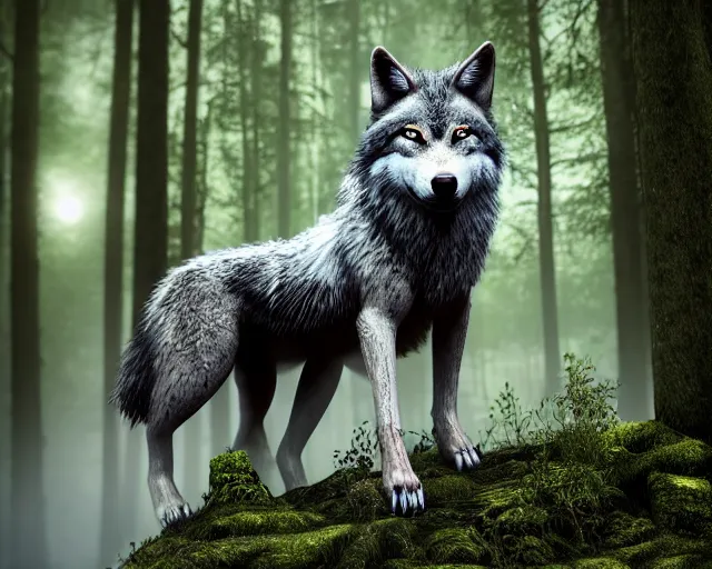 Prompt: a wolf standing on a riverbank in a forest, natural lighting, ultra realistic, concept art, intricate details, highly detailed, photorealistic, octane render, 8 k, unreal engine