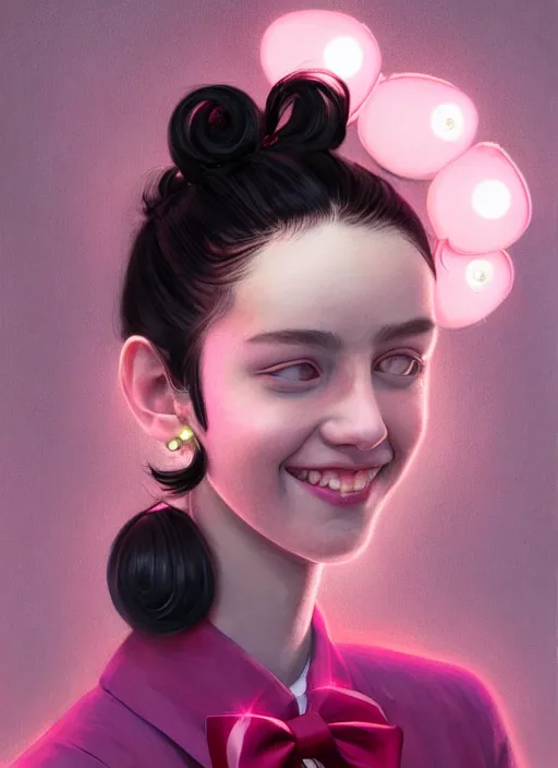 Image similar to portrait of high school girl, realistic, black hair, bangs, half updo hairstyle, pointy nose, skinny, smile, ugly, defined jawline, big chin, pink hair bow, earrings, intricate, elegant, glowing lights, highly detailed, digital painting, artstation, sharp focus, illustration, art by wlop, mars ravelo and greg rutkowski