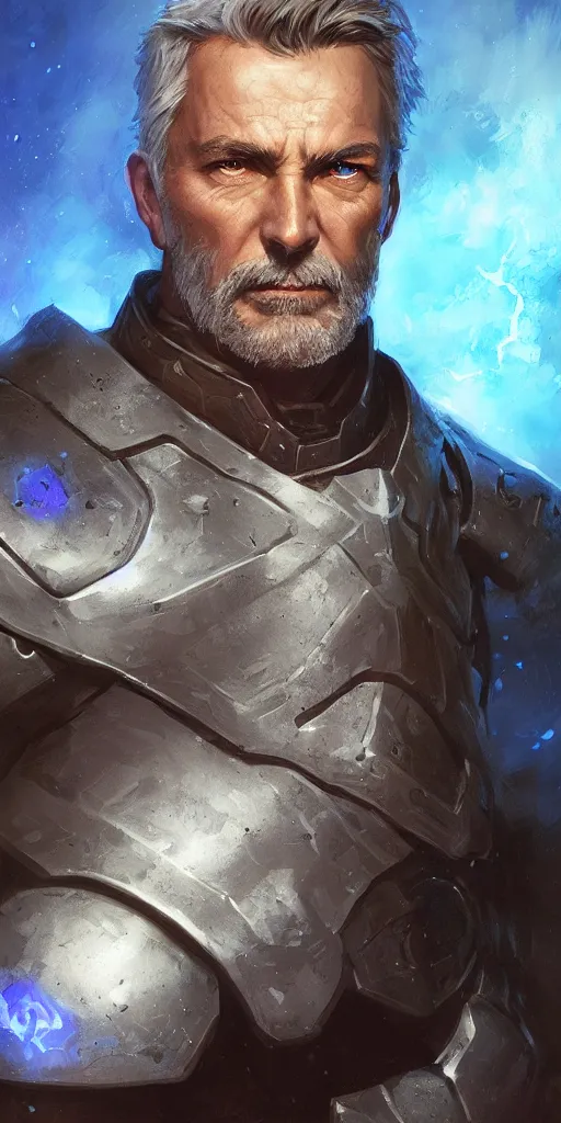 Prompt: handsome stoic middle aged man face, smirking, brown grey hair, piercing blue eyes, wearing heavy armor, glowing blue, portrait, by artgerm, by greg rutkowski, by noah bradley, digital avedon