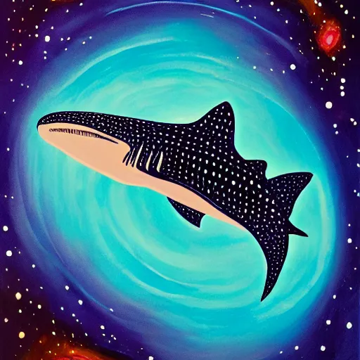 Prompt: gouache painting of a whale shark flying through a swirling, luminous nebula, elegant, ultra detailed, tenebrous