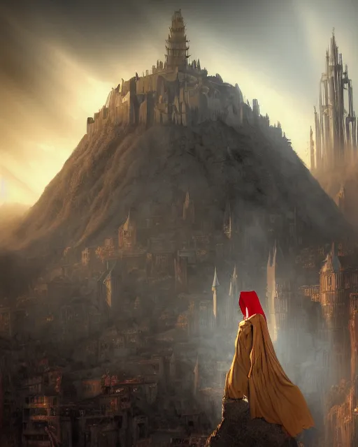 Image similar to cloaked woman, portrait, dirty alley, fantasy city, made of white stone and bright gold, built on the side of a volcano, gondor, misty, red gold color palette, medieval city, metropolis, gorgeous clouds, god rays, fantasy art, octane render, ureal engine, high detail, alphonse mucha, greg rutkowski, james gurney, johannes voss