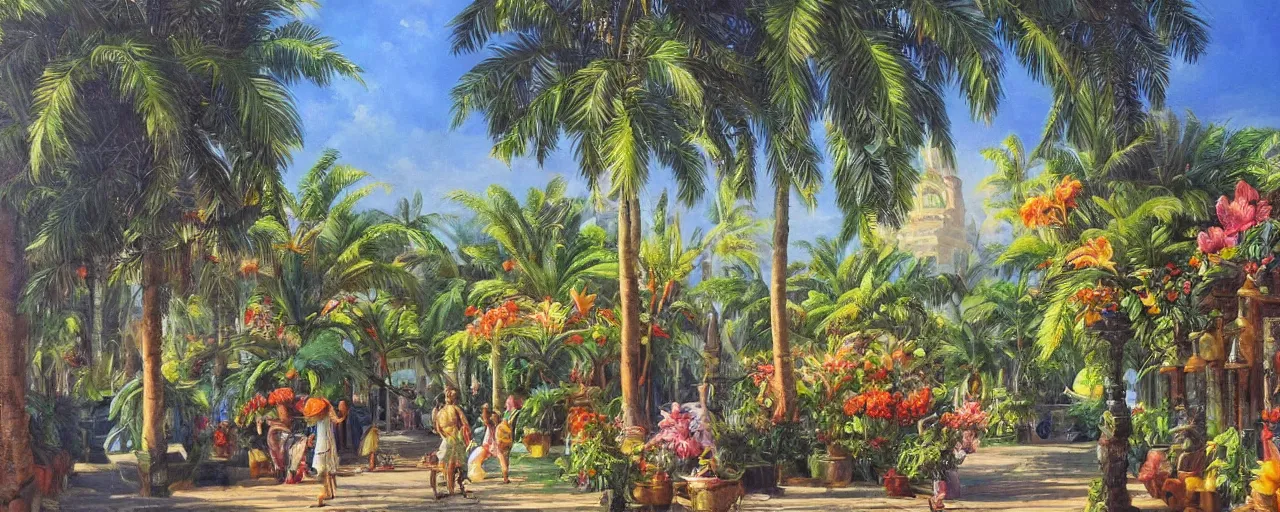 Prompt: a highly detailed oil painting of Tropical Flowers, a view from ground level: elegant, ornate, daytime. this is a beautifully lit scene.