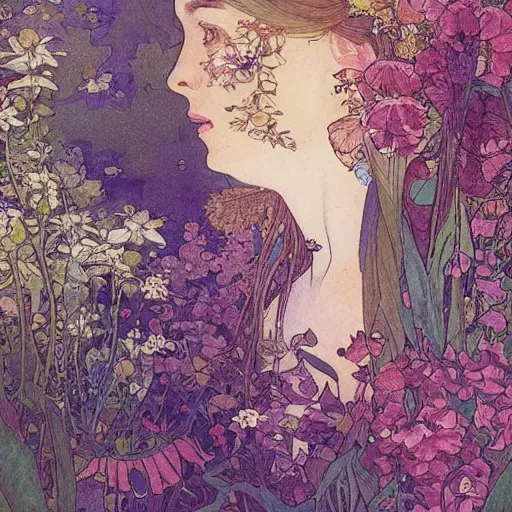 Image similar to a beautiful intricate watercolor illustration of a princess in a garden with flowers, leaves, 4 k, ultra - wide angle, by william turner, by victo ngai, by alphonse mucha, by moebius, by gustave dore, hd, trending on artstation, hyper detailed, muted intense colors