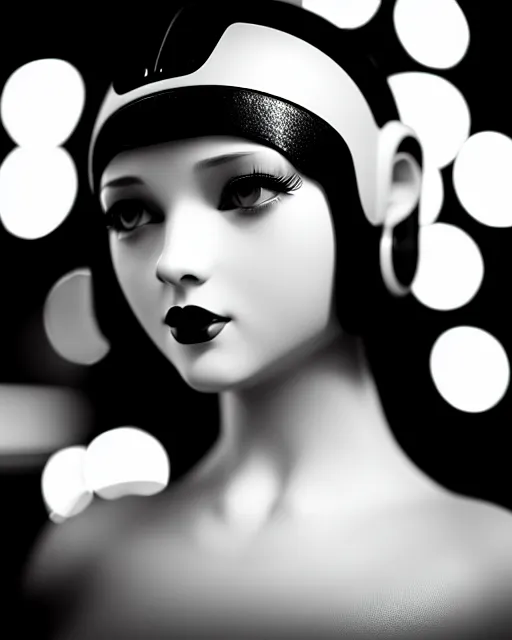 Image similar to black and white dreamy young beautiful female artificial intelligence, metropolis, cinematic, rim light, bokeh, photo - realistic, elegant, high detail, 8 k, masterpiece, photo taken in 1 9 3 0