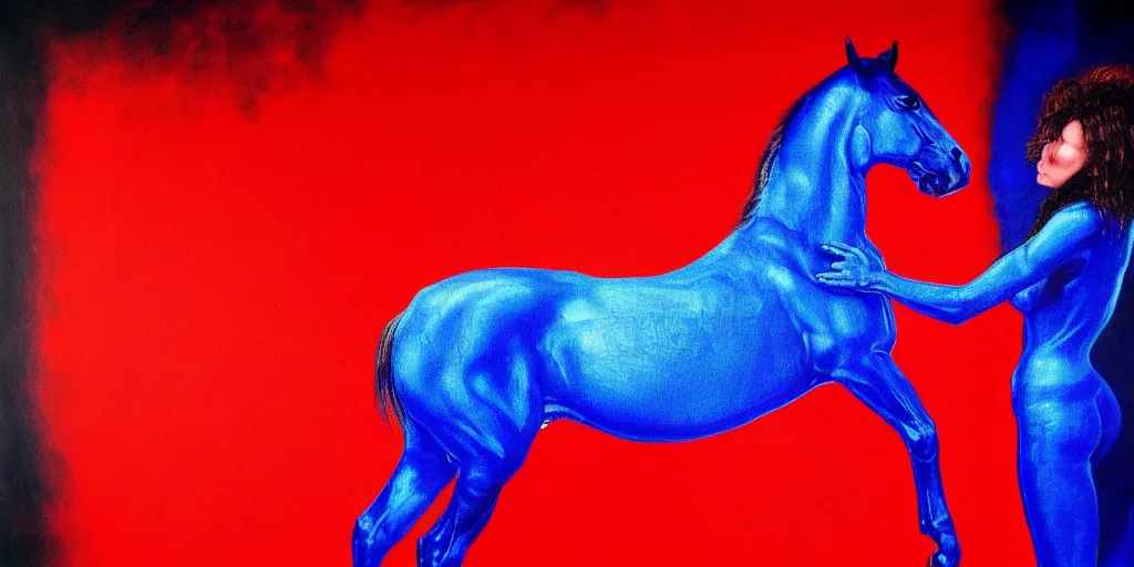 Image similar to blue ney motogrosso in love with a red stallion, too many hands in all directions, too many teeth, too many eyes, in hoc signo vinces, waterfall, in the style of gottfried helnwein, high contrast chiaroscuro, intricate composition, blue light, insanely quality, highly detailed, masterpiece, red light, artstation