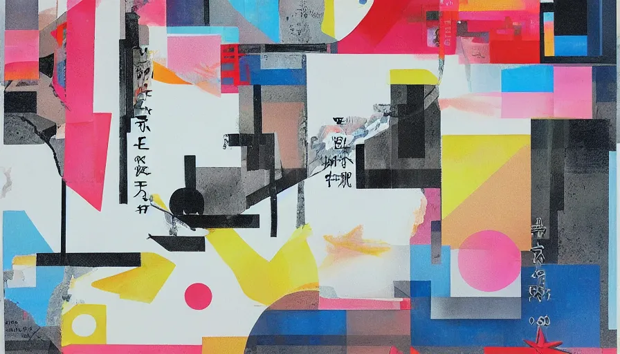 Prompt: Japan travel and adventure, minimalist negative space white acrylic base coat, mixed media collage painting by Jules Julien, Leslie David and Lisa Frank, muted colors with geometric minimalism, neon color details