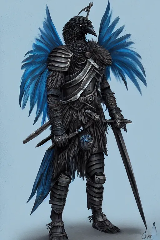 Prompt: crow warrior in heavy armor. black wings. blue clothes. digital painting, hd, highly detailed.