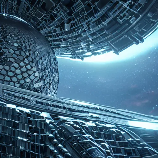 Image similar to A photo from inside of a Dyson Sphere, realistic, cinematic, extremely high detail, 8k, cinematic, octane render, unreal engine