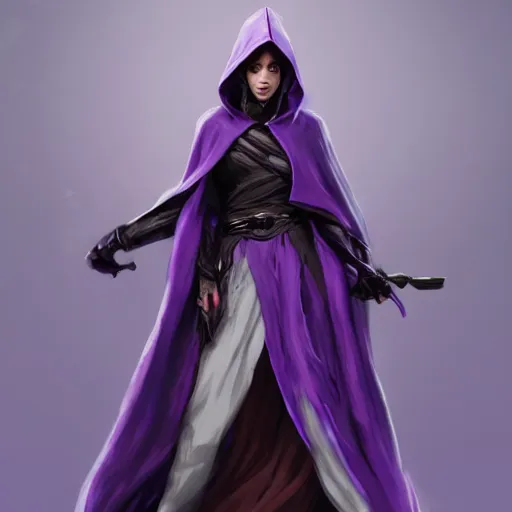 Image similar to female warlock long hood cloak purple, fighting monster with magic, 8 k, trending on artstation by tooth wu and greg rutkowski