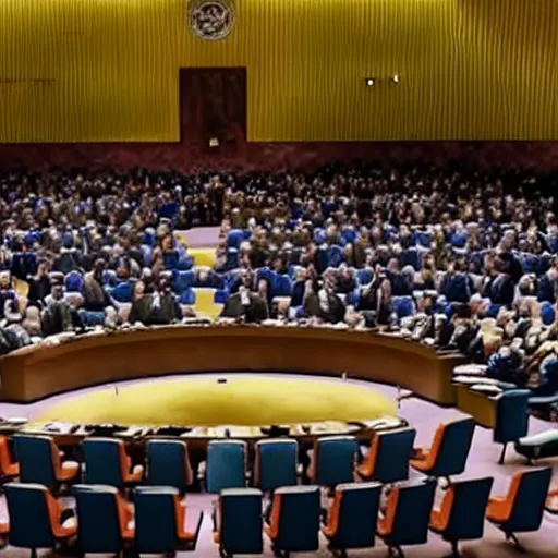 Image similar to hyperrealistic film still of the minions in the un security council, stunning 3 d render, dim volumetric cinematic lighting, 8 k octane comprehensive render, extremely hyper - detailed, incredibly lifelike attributes, intricate, real flesh texture, masterpiece