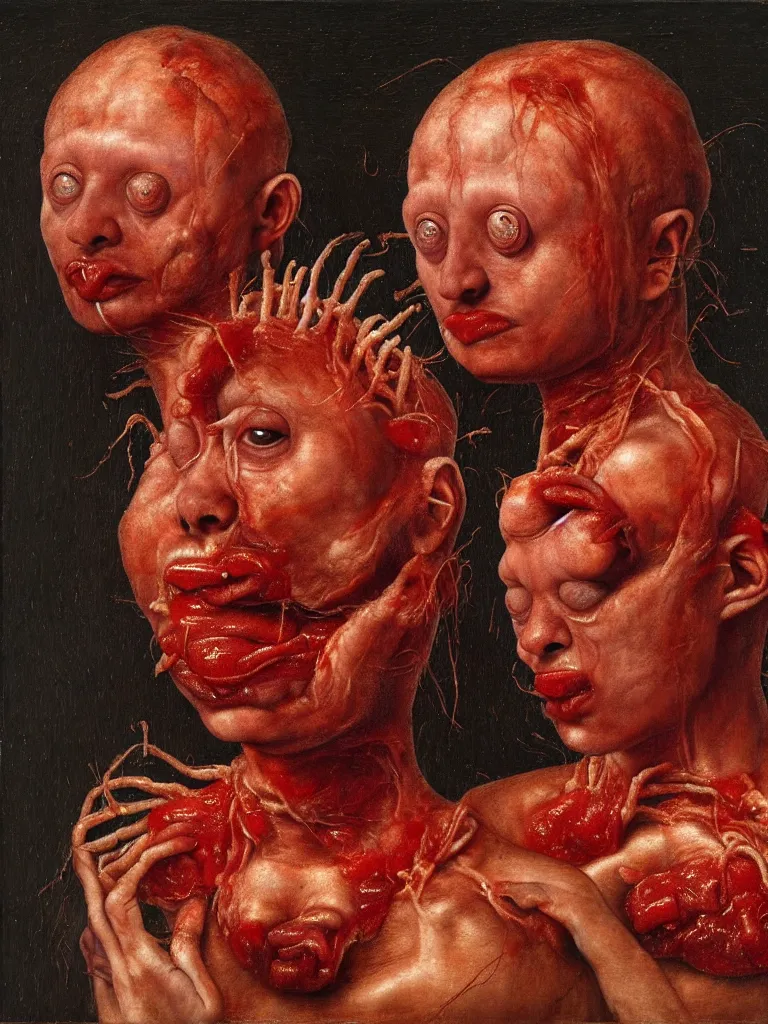 Image similar to siamese twins made of hair and meat sitting in a tub full of tomato sauce, looking straight into camera, screaming in desperation, by giuseppe arcimboldo and ambrosius benson, renaissance, intricate and intense oil paint, a touch of joseph cornell, beksinski and hr giger and edward munch, realistic