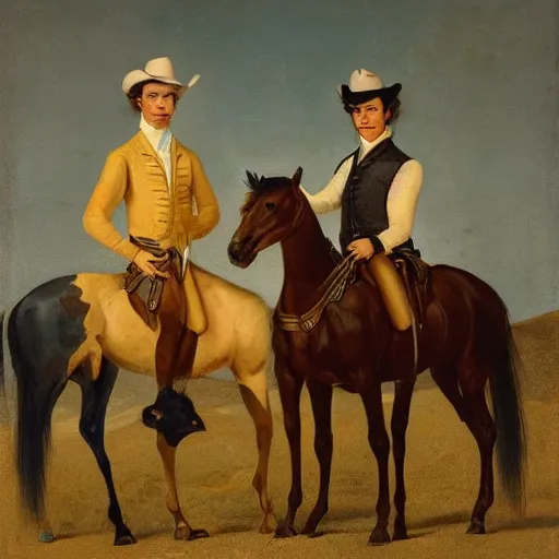 Image similar to portrait of a gay cowboy couple with horses, 1 8 0 0 s