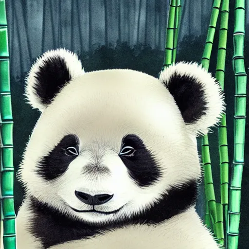 Image similar to A baby panda sleeping in a bamboo forest by studio ghibli, highly detailed body, peaceful atmosphere , digital art , highly detailed , high contrast, beautiful lighting, award winning , trending on art station, photorealistic, 8k